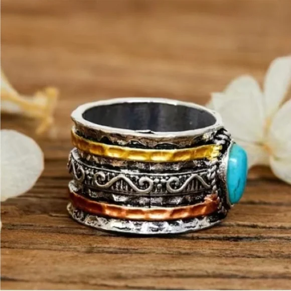 Anthropologie Turquoise and Mixed Metal Boho Ring (titanium) 8.5 - Picture 4 of 7
